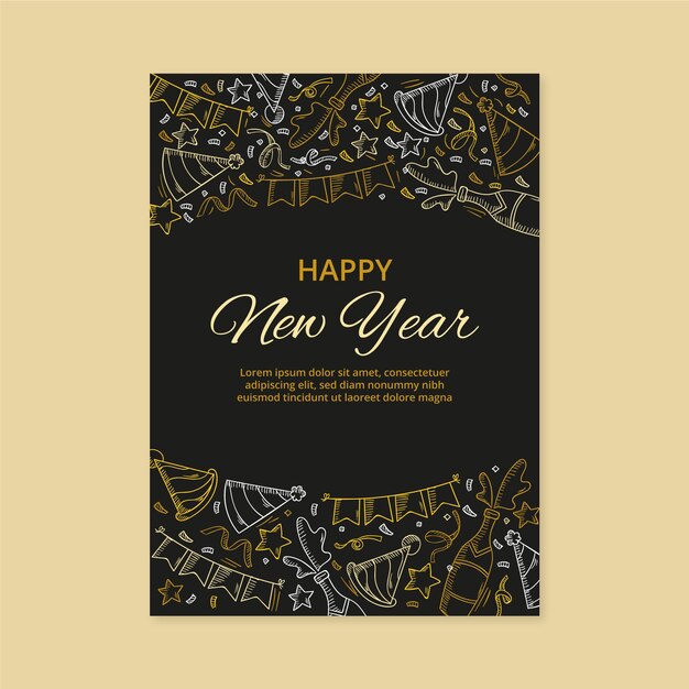 Plantilla de tarjeta de felicitación de año nuevo dibujada a mano