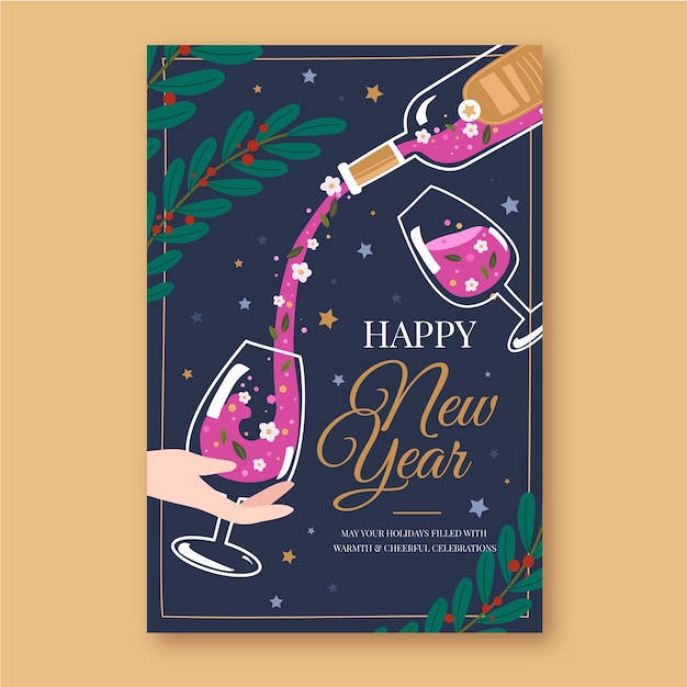 Plantilla de tarjeta de felicitación de año nuevo dibujada a mano