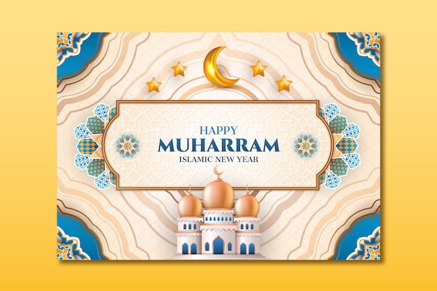 Plantilla de tarjeta de felicitación de año nuevo islámico realista con palacio y luna creciente