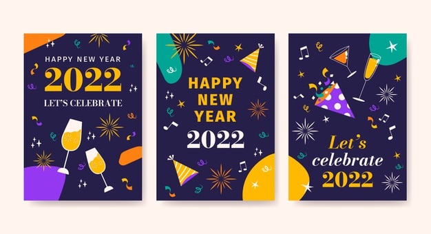 Plantilla de tarjeta de felicitación de año nuevo plana dibujada a mano