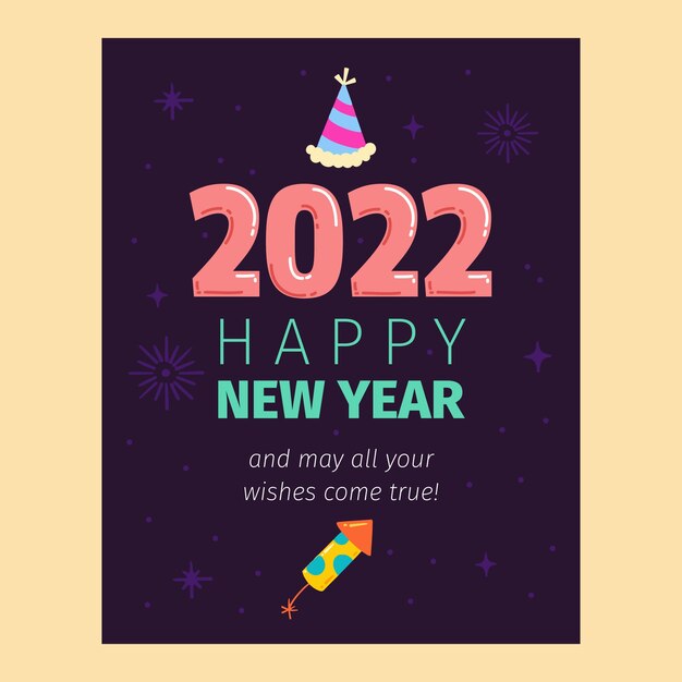 Plantilla de tarjeta de felicitación de año nuevo plana dibujada a mano