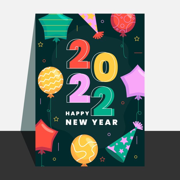 Plantilla de tarjeta de felicitación de año nuevo plana dibujada a mano