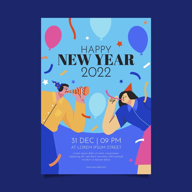 Plantilla de tarjeta de felicitación de año nuevo plana dibujada a mano