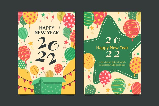 Plantilla de tarjeta de felicitación de año nuevo plana dibujada a mano