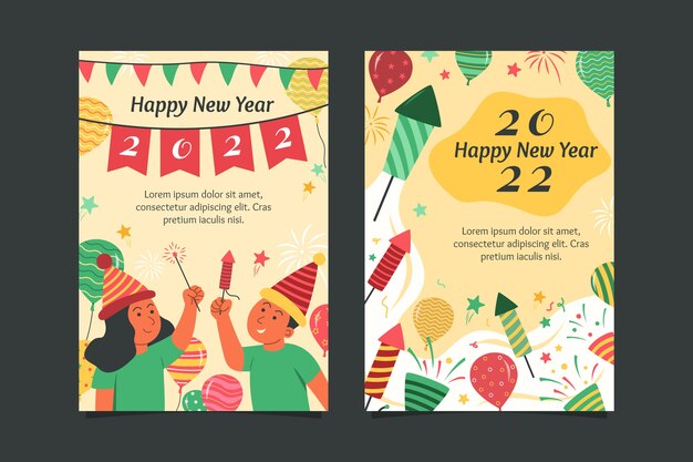 Plantilla de tarjeta de felicitación de año nuevo plana dibujada a mano
