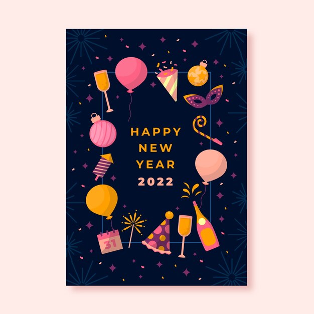 Plantilla de tarjeta de felicitación de año nuevo plana