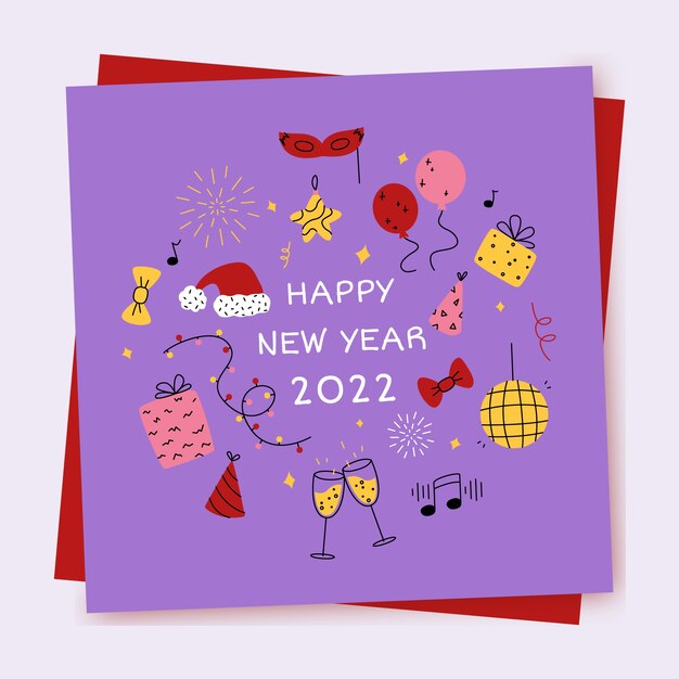 Plantilla de tarjeta de felicitación de año nuevo plana