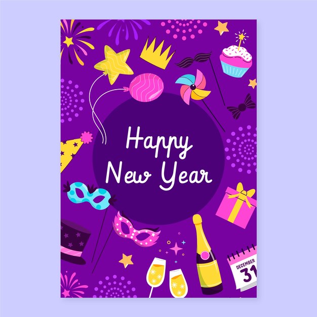 Plantilla de tarjeta de felicitación de año nuevo plana