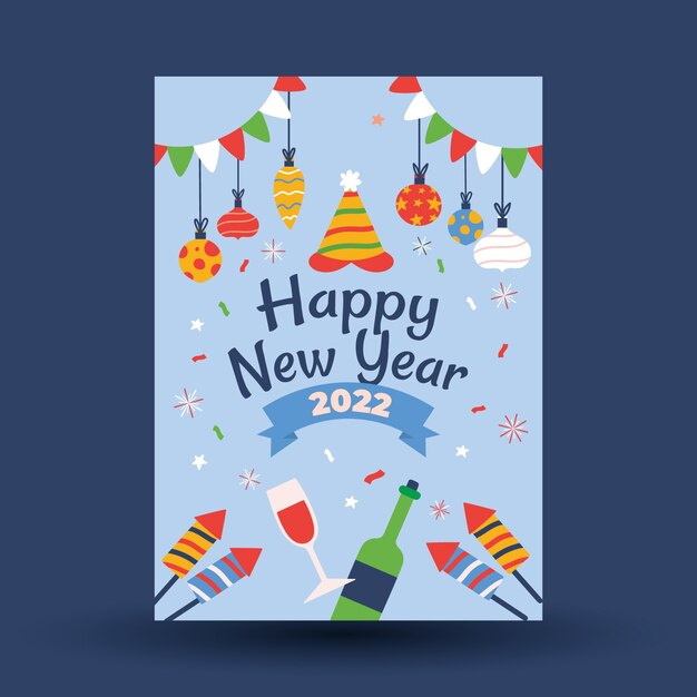 Plantilla de tarjeta de felicitación de año nuevo plana