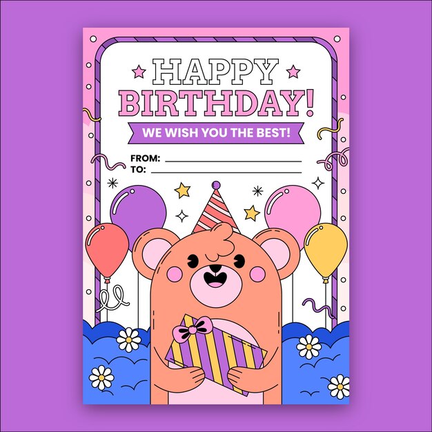 Plantilla de tarjeta de felicitación dibujada a mano para cumpleaños con oso y globos