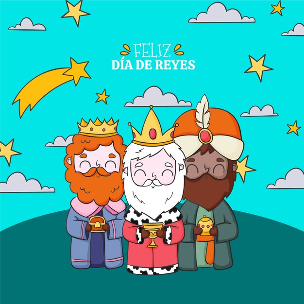 Vector gratuito plantilla de tarjeta de felicitación feliz dia de reyes dibujada a mano