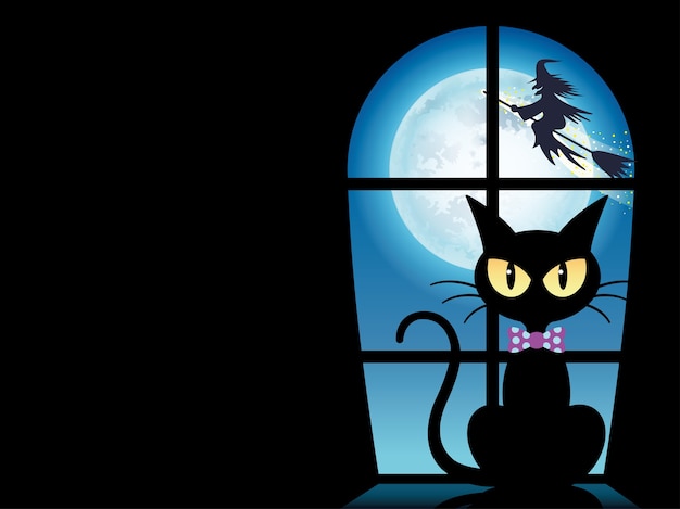 Plantilla de tarjeta de felicitación de feliz halloween con un gato negro junto a la ventana