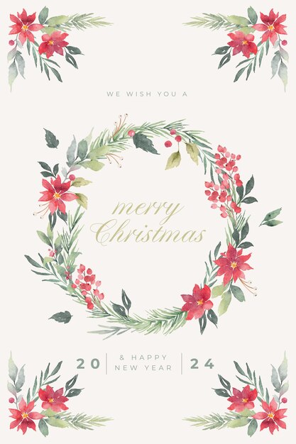 plantilla de tarjeta de felicitación de Feliz Navidad con decoración floral dibujada a mano
