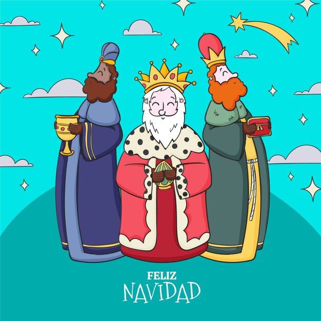 Vector gratuito plantilla de tarjeta de felicitación de feliz navidad reyes magos dibujada a mano