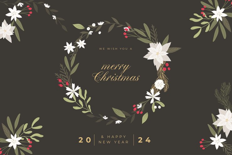 Vector gratuito plantilla de tarjeta de felicitación de navidad con adornos florales dibujados a mano y una corona
