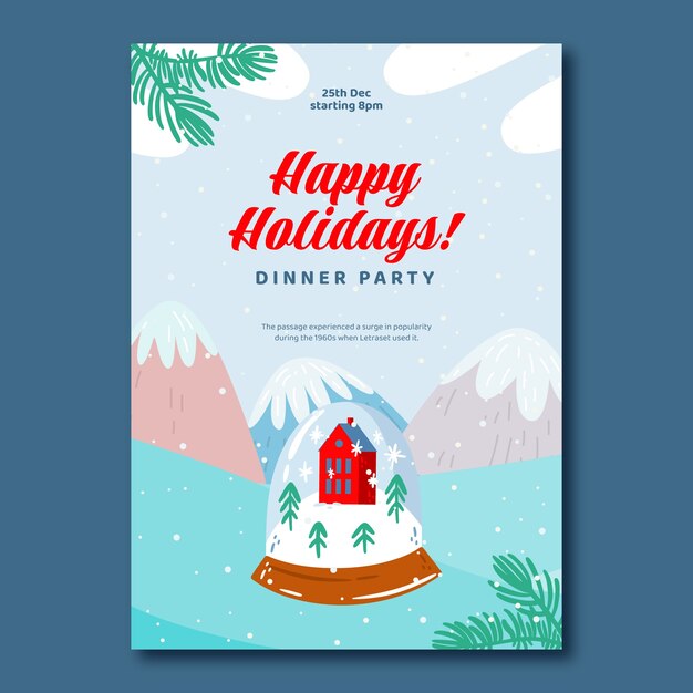 Plantilla de tarjeta de felicitación navideña plana con bola de nieve