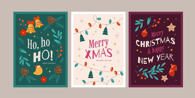 Plantilla de tarjeta de felicitación navideña plana con luces y adornos