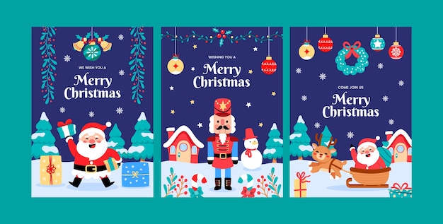 Plantilla de tarjeta de felicitación navideña plana con santa y cascanueces