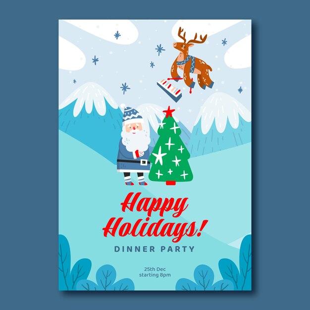 Plantilla de tarjeta de felicitación navideña plana con santa y renos