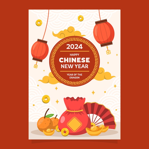 Vector gratuito plantilla de tarjeta de felicitación plana para el festival del año nuevo chino