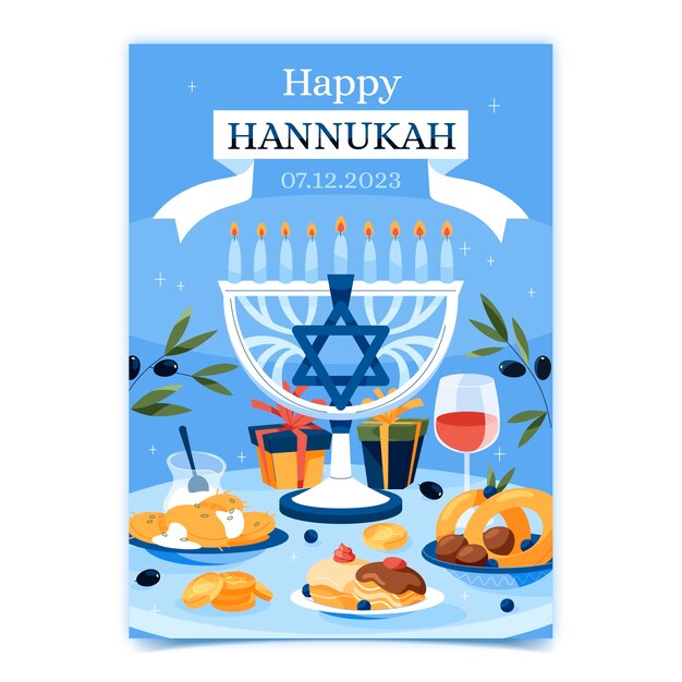 Plantilla de tarjeta de felicitación plana para la festividad judía de hanukkah