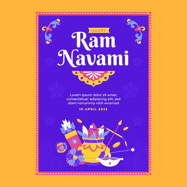 Plantilla de tarjeta de felicitación plana ram navami