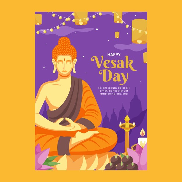 Plantilla de tarjeta de felicitación plana vesak day