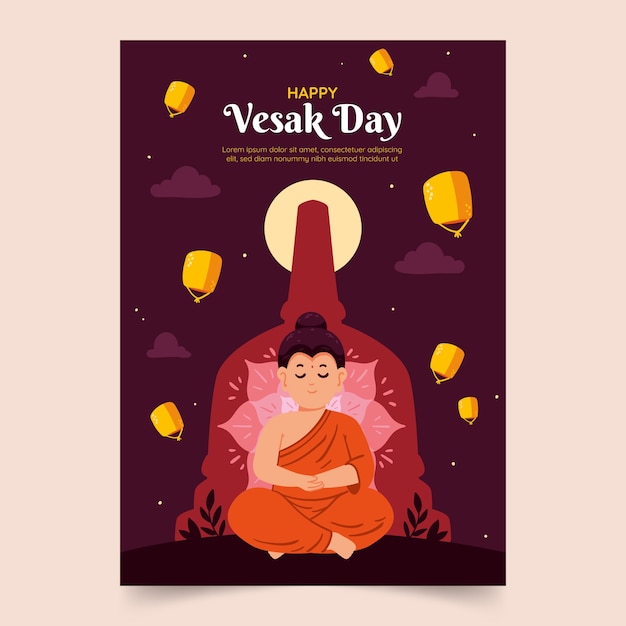 Plantilla de tarjeta de felicitación plana vesak day