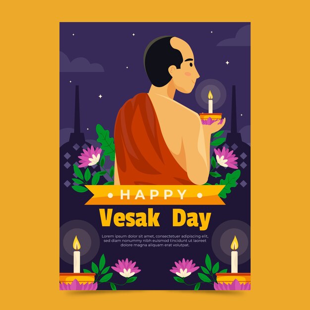 Plantilla de tarjeta de felicitación plana vesak day