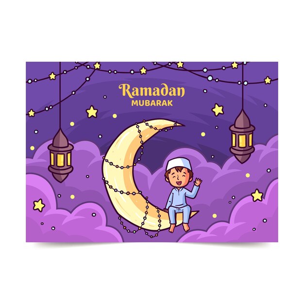 Plantilla de tarjeta de felicitación de ramadán dibujada a mano