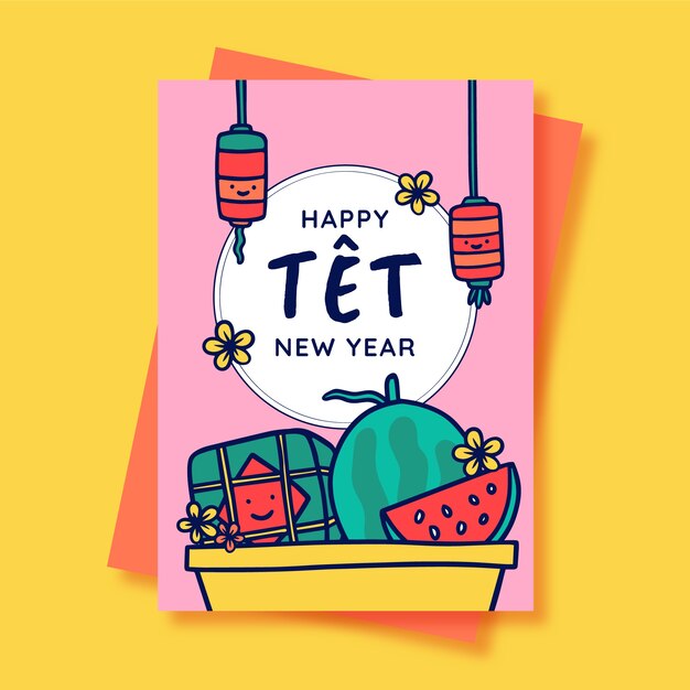 Plantilla de tarjeta de felicitación tet dibujada a mano