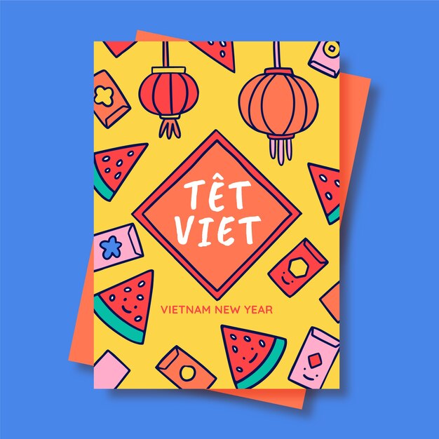 Plantilla de tarjeta de felicitación tet dibujada a mano