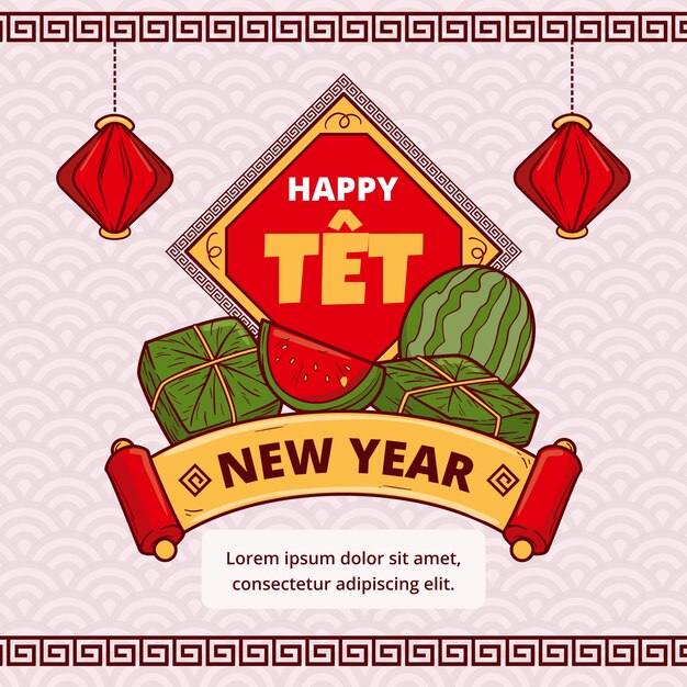Plantilla de tarjeta de felicitación tet dibujada a mano