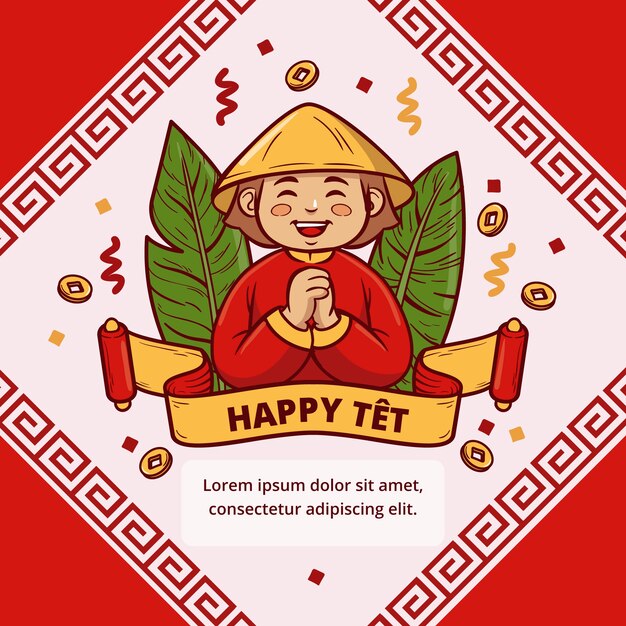 Plantilla de tarjeta de felicitación tet dibujada a mano