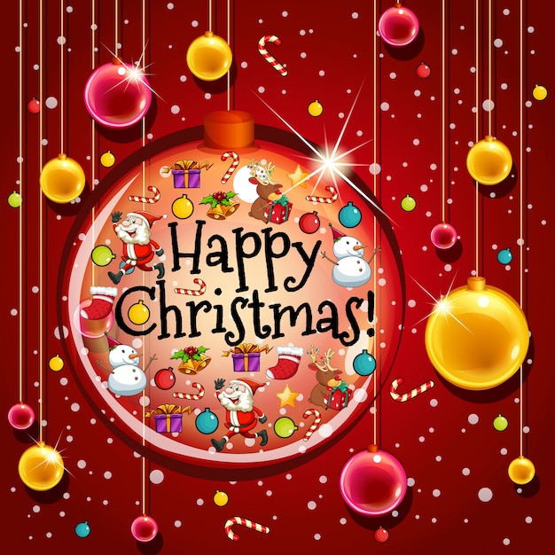 Plantilla de tarjeta de feliz Navidad con bolas sobre fondo rojo