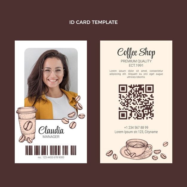 Plantilla de tarjeta de identidad de grabado dibujado a mano para cafetería