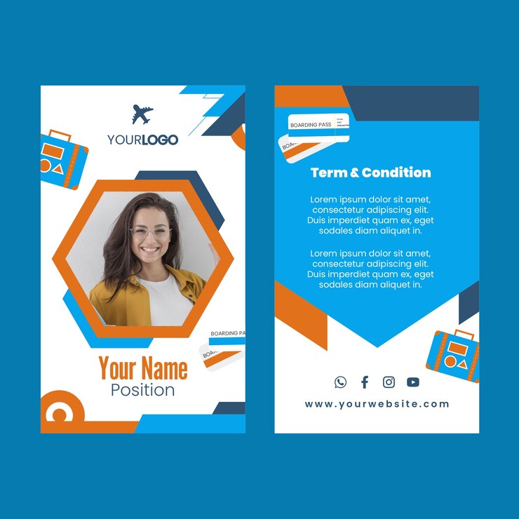 Vector gratuito plantilla de tarjeta de identificación de agencia de viajes de diseño plano