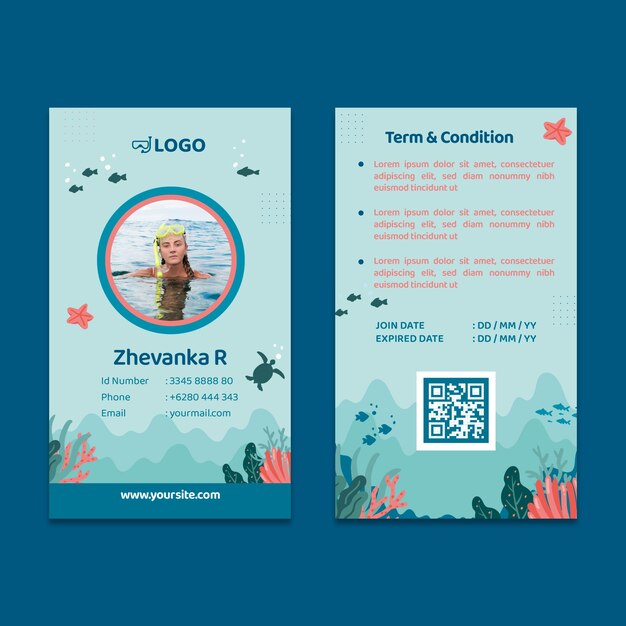Plantilla de tarjeta de identificación de buceo dibujada a mano