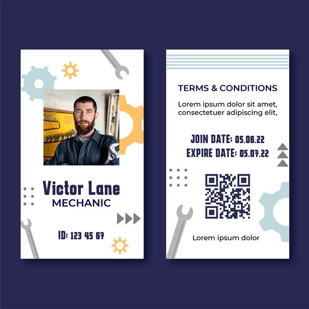 Plantilla de tarjeta de identificación comercial de taller de reparación plana