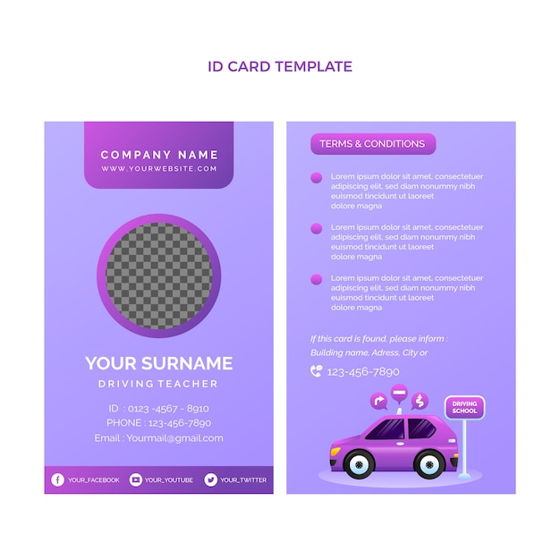 Vector gratuito plantilla de tarjeta de identificación de escuela de manejo degradada
