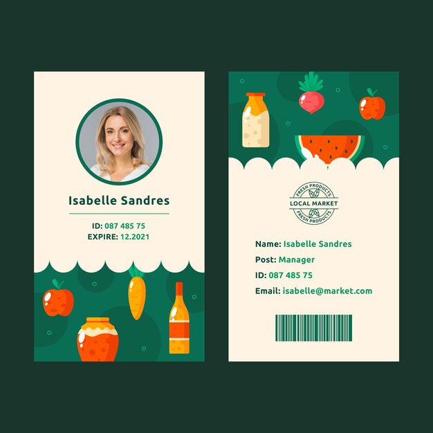 Plantilla de tarjeta de identificación de mercado local de diseño plano