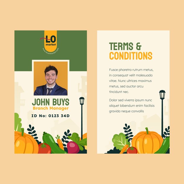 Plantilla de tarjeta de identificación de mercado local de diseño plano