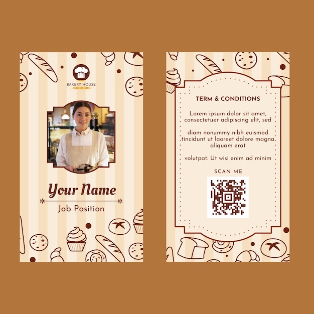 Plantilla de tarjeta de identificación de panadería mínima de diseño plano