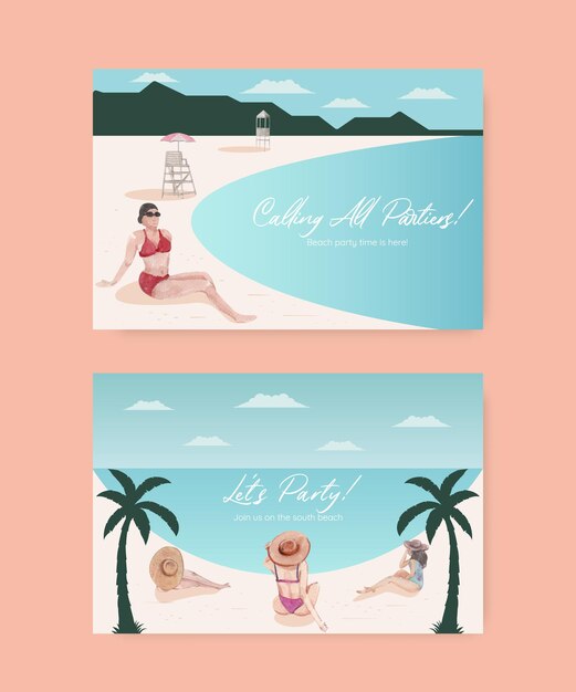 Plantilla de tarjeta con ilustración de acuarela de diseño de concepto de vacaciones en la playa