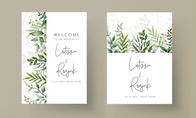 Plantilla de tarjeta de invitación de boda de acuarela de hojas verdes