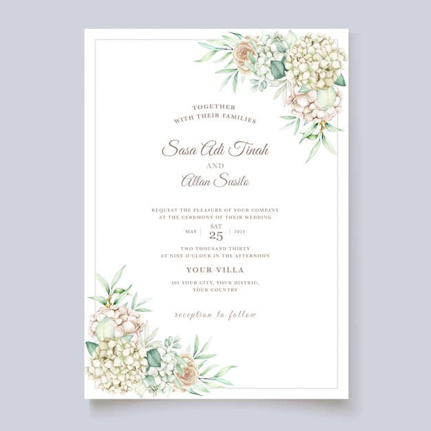 Plantilla de tarjeta de invitación de boda de acuarela de hortensia