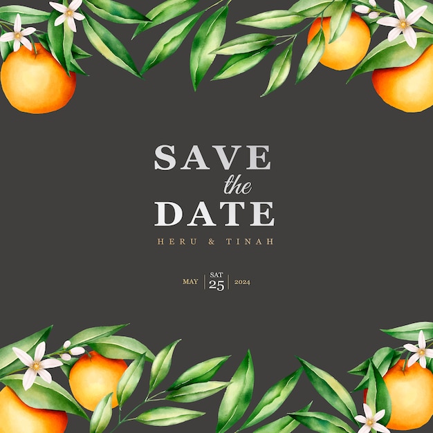 Vector gratuito plantilla de tarjeta de invitación de boda botánica acuarela naranja frutas