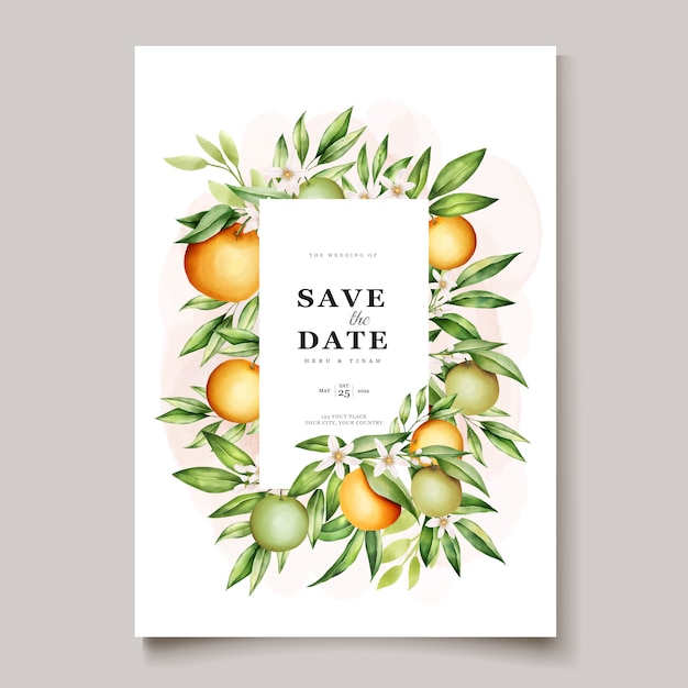 Plantilla de tarjeta de invitación de boda botánica acuarela naranja frutas