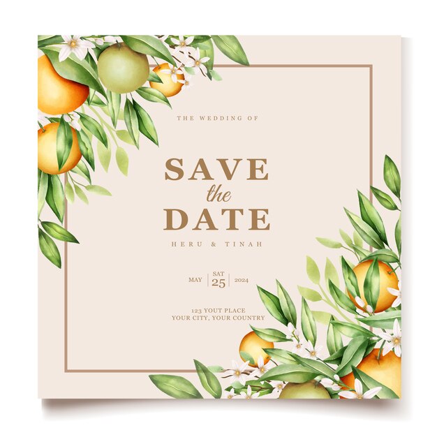 Plantilla de tarjeta de invitación de boda botánica acuarela naranja frutas