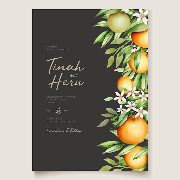 Plantilla de tarjeta de invitación de boda botánica acuarela naranja frutas